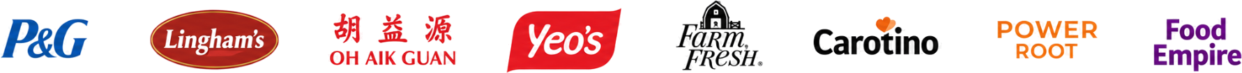 Client logos including P&G, Lingham's, Oh Aik Guan, Yeo's, Farm Fresh, and Carotino