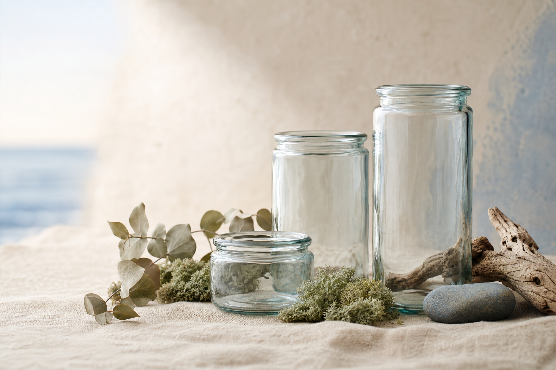 Premium glass jars in a calm coastal still life