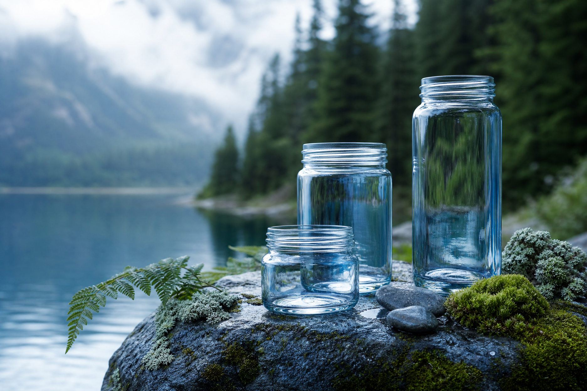 Clear glass jars by a forest lake